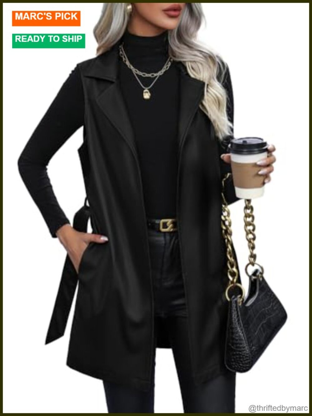 Faux Leather Long Vest Sleeveless Open Front Belted PU Leather Jacket